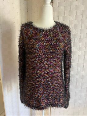 Multicolor Fuzzy Knit Women's Sweater - Black Base